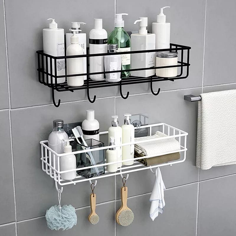 Waterproof Multi-Compartment Bathroom Storage Rack with Hooks and Anti-Slip Design